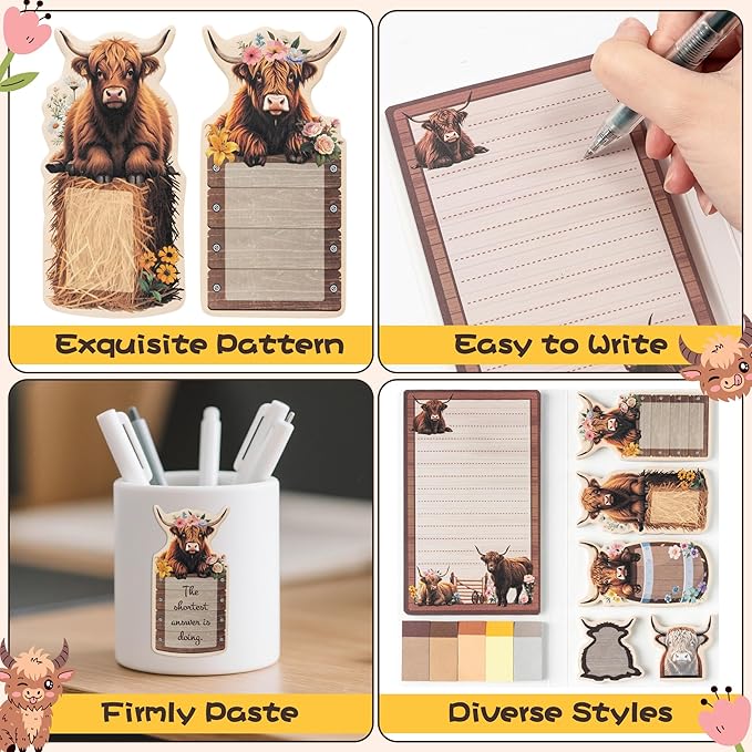 B1ykin Cute Sticky Notes Set - I Just Really Like Highland Cow Self-Stick Notes Pad, 550 Sheets Writing Memo Pages Sticky Notepad for Teacher Appreciation Gift, School Party Supplies (Wildflower Cow)