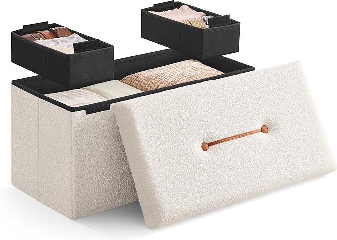 SONGMICS Storage Ottoman Bench, Storage Chest, 15 x 30 x 15 Inches, Foot Rest Stool, End of Bed Bench, Load up to 660 lb, for Living Room, Bedroom, Entryway, Cream White ULSF096W01