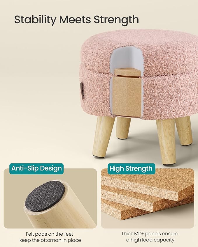 SONGMICS Storage Ottoman, Foot Stool, Round Ottoman with Padded Seat, Foot Rest with Wood Legs, Small Table, for Hallway, Living Room, 12.2 Inches, Teddy Fleece, Jelly Pink ULOM515SA01
