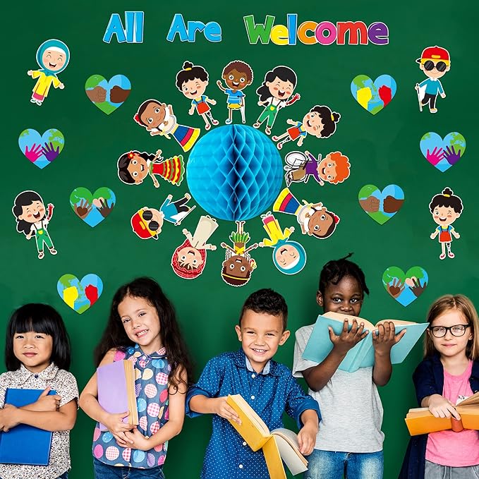 BeYumi 75PCS Student Diversity Bulletin Board Set All are Welcome Hearts Cutouts Earth Honeycomb Inclusion Multicultural Bulletin Board Back to School Equality One World Classroom Door Decoration