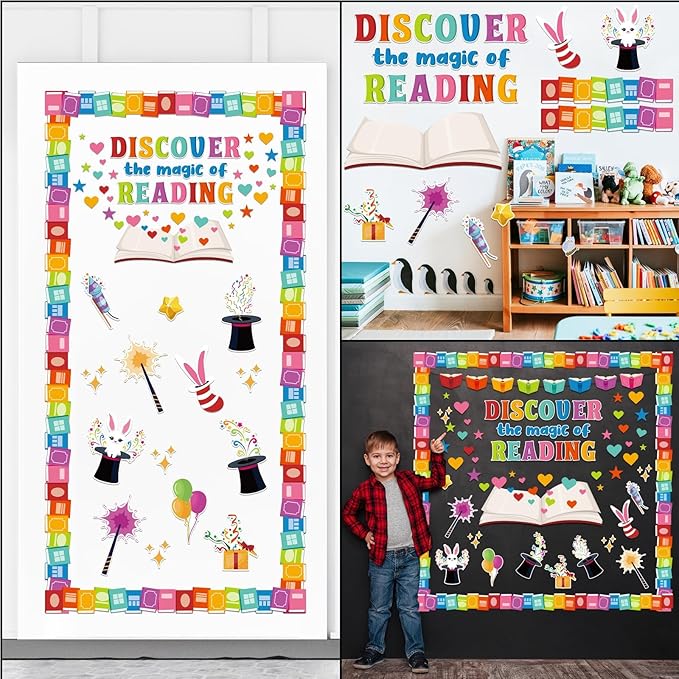 gisgfim Reading is Magic Bulletin Board Decorations Set Classroom Colorful Book Bulletin Board Motivational Reading Cutouts Bulletin Board Borders Decor for School Library Chalkboard Wall(Magic)