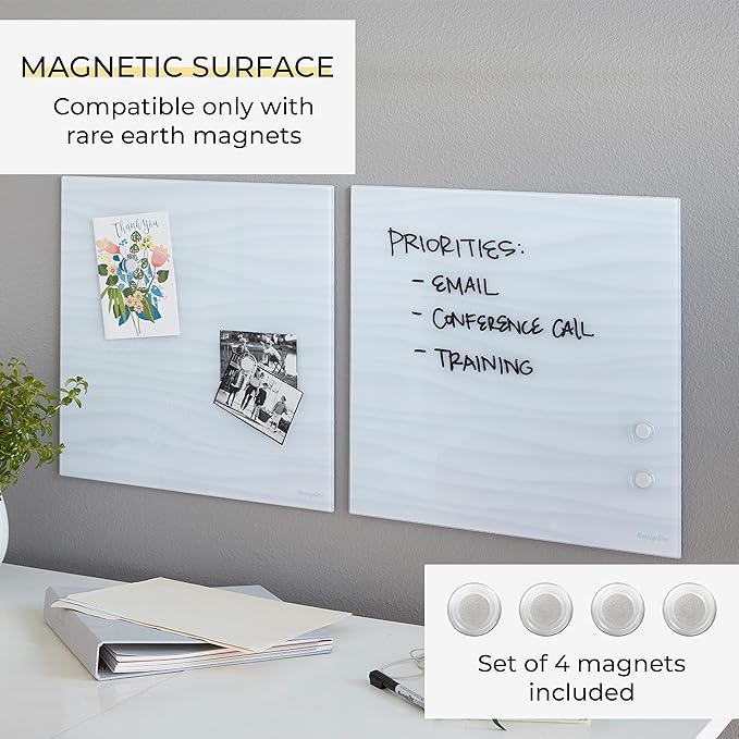 ECR4KIDS MessageStor Magnetic Dry-Erase Glass Board with Magnets, 17.5in x 17.5in, Wall-Mounted Whiteboard, White Waves, 2-Pack