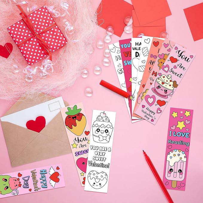 75Pcs Valentine’s Day Color Your Own Bookmarks Desserts Theme DIY Coloring Blank Bookmark Classroom Art Craft Supplies for Teachers Students Valentines Party Gift Supplies Reward Goodie Fillers
