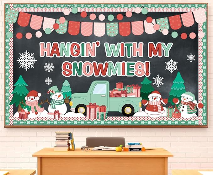 Winter Bulletin Board Decorations Winter Bulletin Board Set Snowman Hangin’ with My Snowmies Christmas Tree Truck Cutouts Holiday Decoration for Classroom School Chalkboard Wall Door Decor
