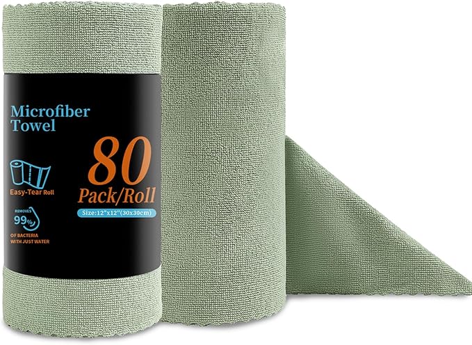 Jessy Home 80 Pack Microfiber Cleaning Cloth Roll Reusable Paper Towels 12"x12" Tear Away Cloth, Microfiber Towels for Cars, Wash Cloths, Lint Free Rags for House, Kitchen,Window,Cleaning Supplies