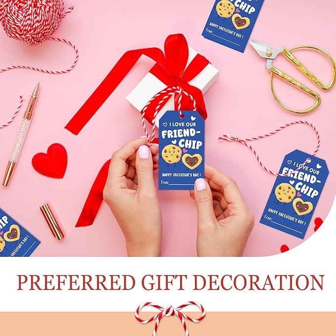 50Pcs Friend-chip Valentines Tags, Cookie Valentines Gift Label with String, Hanging Paper Gift Label for Cookie Bag, Idea Valentine's Activity School Classroom Party Favors