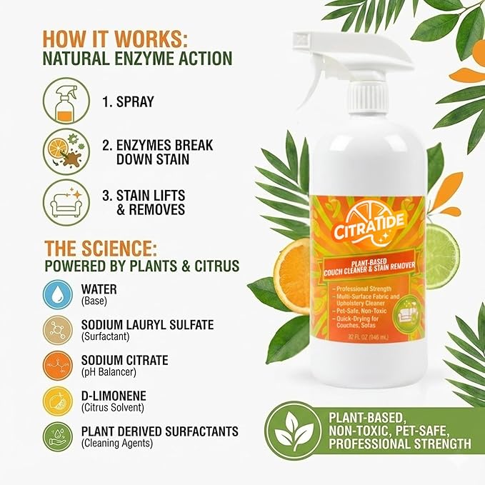 Plant-Based Couch Cleaner & Stain Remover Spray – Upholstery & Fabric Cleaner for Sofas, Couches & Car Interiors – Pet & Kid Safe, Non-Toxic, Eco-Friendly, Made in USA