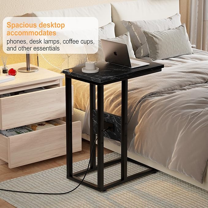 VECELO C Shaped End Table with Charging Station & Power Outlets, Quick Access Side Table for Sofa, C Bedside for Living Room Bedroom 2 Set,Black Marble