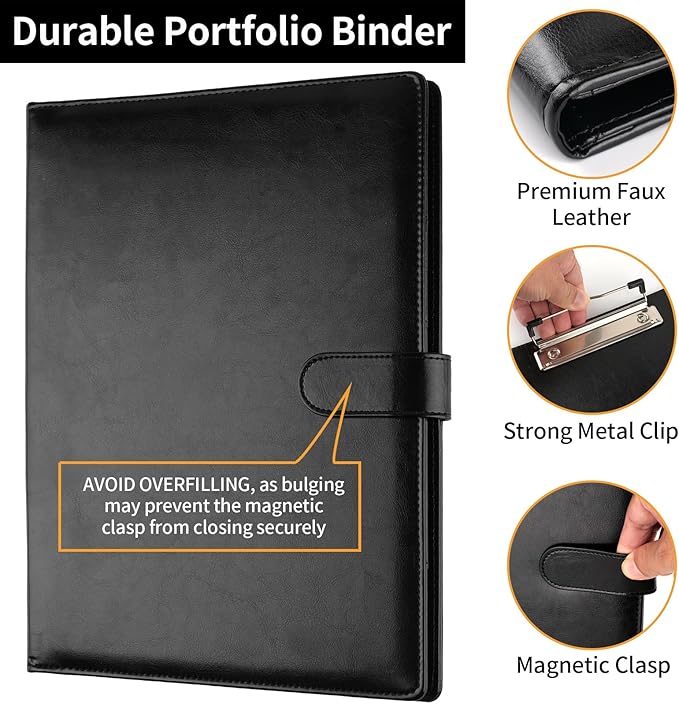 Professional Padfolio with Clipboard, Faux Leather Portfolio Folder Binder, Legal Pad Holder for A4 Letter Size Notepad, Resume, Writing Pad, Ideal Organizer for Business Office Conference, Black