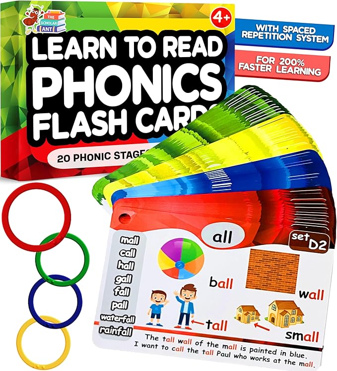 Phonics Flash Cards with Proven Spaced Repetition Learning System - Learn to Read in 20 Phonic Stages - Digraphs CVC Blends Long Vowel Sounds Phonics Games for Kids Ages 4-8 Kindergarten 1st 2nd Grade