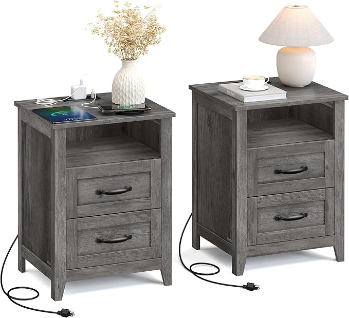 VASAGLE LIRY Collection - Farmhouse Nightstands with Charging Station, Set of 2 Bedside Tables, Side Tables with 2 Drawers, Open Compartment, for Bedroom, Misty Gray ULET869G01