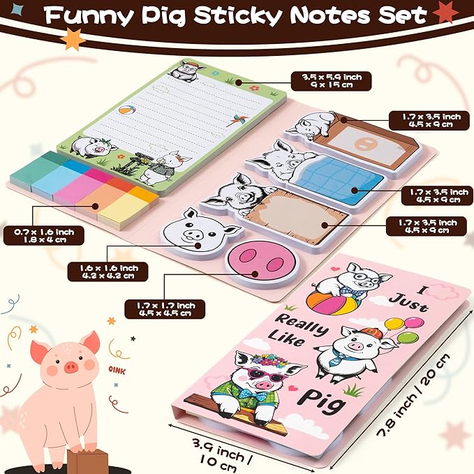 B1ykin Cute Sticky Notes Set - I Just Really Like Pig Self-Stick Notes Pad, 550 Sheets Writing Memo Pages Sticky Notepad for Teacher Appreciation Gifts, School Office Party Supplies (Funny Pig)
