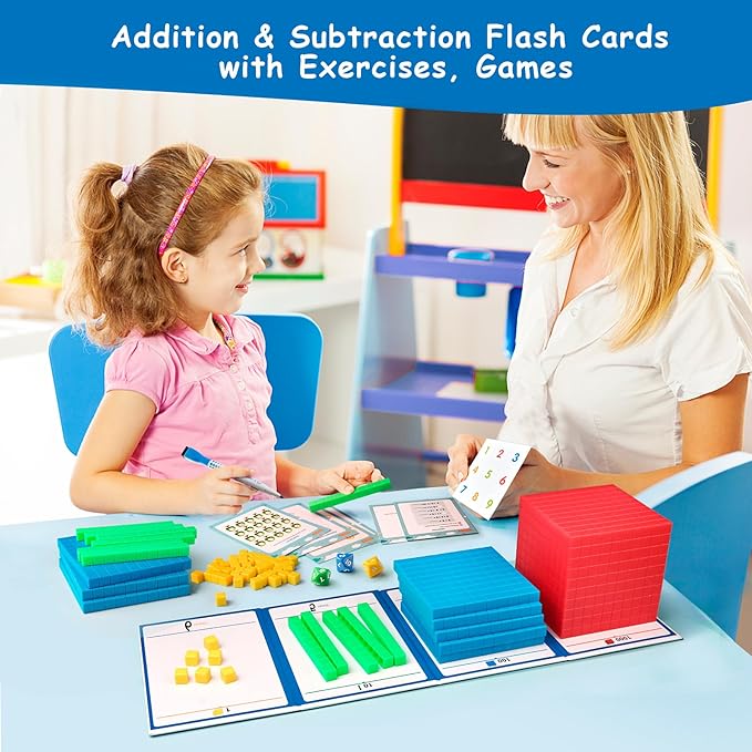 Base Ten Blocks Plastic 147 pcs Math Manipulatives Kindergarten Counting Blocks for Math with 3 dice,Place ValueBlocks for Early Counting MathToy for 1st Grade Homeschool