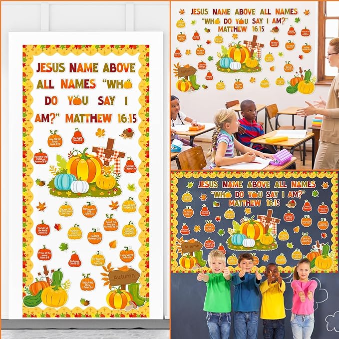 Thanksgiving Fall Christian Bulletin Board Decoration Set Religious Pumpkin Cutouts Autumn Bible Bulletin Board for Kid Preschool Classroom Chalkboard Party Decor Sunday School Church Wall(Jesus Name)