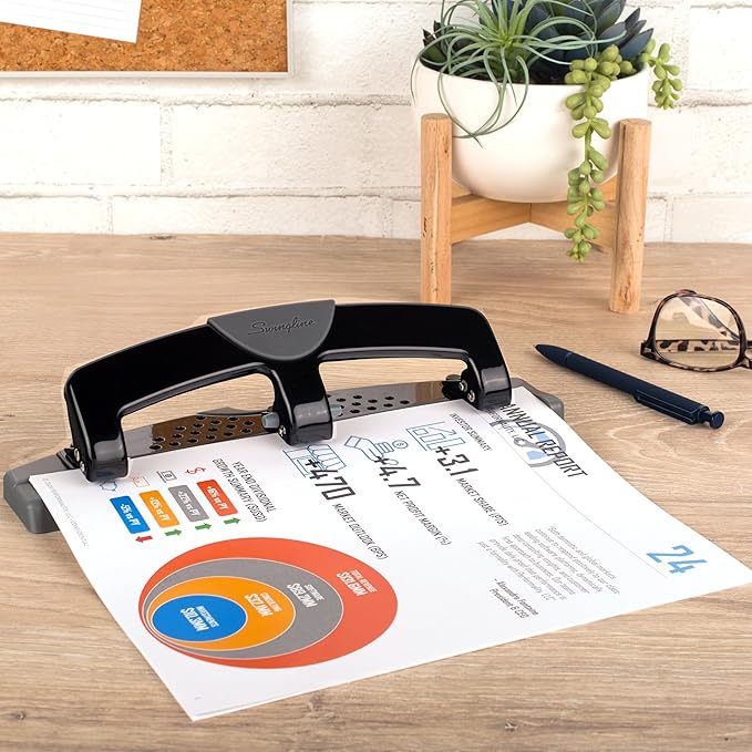 Swingline 3 Hole Punch, 12 Sheet Capacity Three Hole Puncher 3 Ring, Paper Punch, SmartTouch Low Effort, Alignment Guide, Black & Silver (74134)