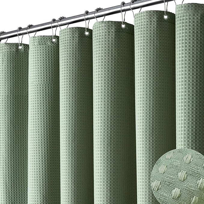 Dynamene Long Fabric Shower Curtain - Waffle Textured Tall Heavy Duty Cloth Shower Curtains for Bathroom, 256GSM Large Hotel Spa Luxury Bath Curtain Set with 12 Plastic Hooks(72Wx80H, Sage Green)