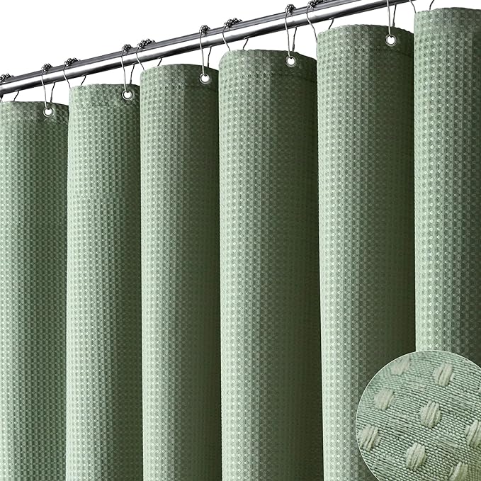 Dynamene Extra Wide Shower Curtain - 84 Inch Wide Waffle Weave Weighted Thick Cloth Bathroom Shower Curtain, Neutral Heavy Duty Hotel Bath Curtain Set with 14 Plastic Hooks, 84x72, Sage Green