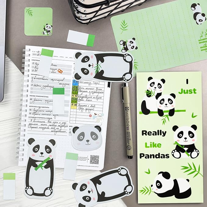 Xqumoi 2 Pack I Just Really Like Pandas Sticky Notes Set - Cute Cartoon Pandas Self-Stick Notes Pads Animal Divider Tabs Bundle Writing Memo Pads Page Marker Back to School Office Supplies Small Gift