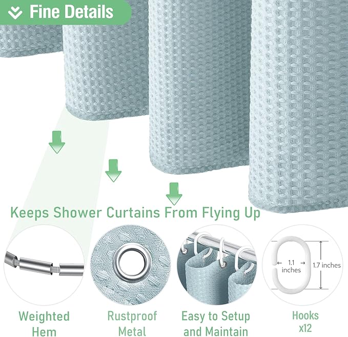 Dynamene Long Fabric Shower Curtain - Waffle Textured Tall Heavy Duty Cloth Shower Curtains for Bathroom, 256GSM Large Hotel Spa Luxury Bath Curtain Set with 12 Plastic Hooks(72Wx80H, Fog Blue)