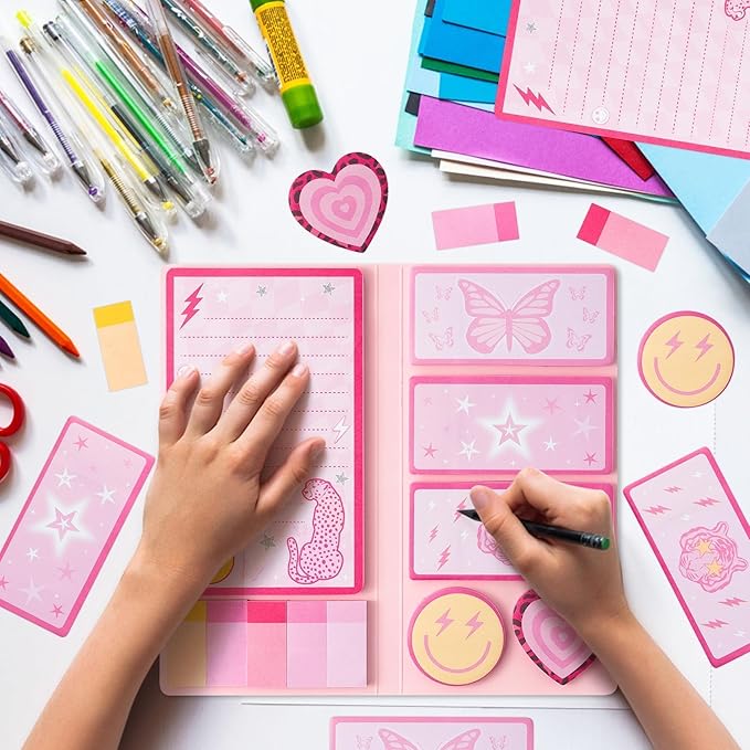 L1rabe Preppy Sticky Notes Set - Back to School 550 Sheets Y2K Smile Face Self-Stick Notes Pads Pink Divider Tabs Bundle Writing Memo Pads for Preppy Students Teacher Girls Woman Birthday Gifts