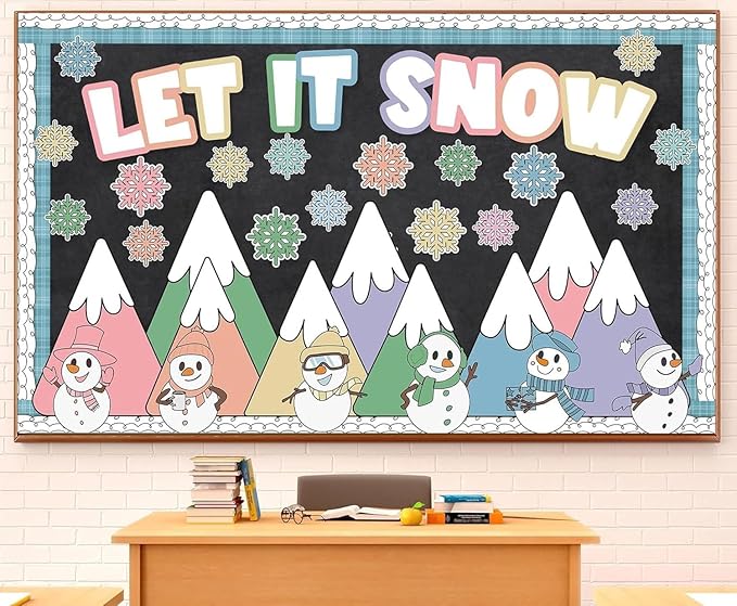 Winter Bulletin Board Decoration Let It Snow Bulletin Board Set Pastel Mountains Snowman Snowflake Cutouts Classroom Decoration for School Chalkboard Wall Door Holiday Christmas Xmas Supplies