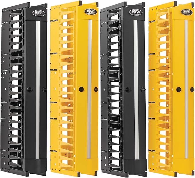 Tripp Lite Vertical Cable Manager, High-Capacity Deep Double Finger Duct, Front-Facing Cover, Four 3.5ft Tall Sections, 6 in Wide x 11.4 in Depth, 2 Black + 2 Yellow, 5-Year Warranty (SRCABLEVRT6HD2F)