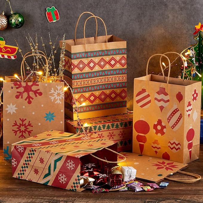 JOYIN 24 Christmas Kraft Gift Bags for Classrooms and Party Favors, Holiday Goody Gift Bags for Xmas Present Wrapping, Christmas Decorations, Party Supplies Decor (10.2" x 4.2" x 6.3 ")