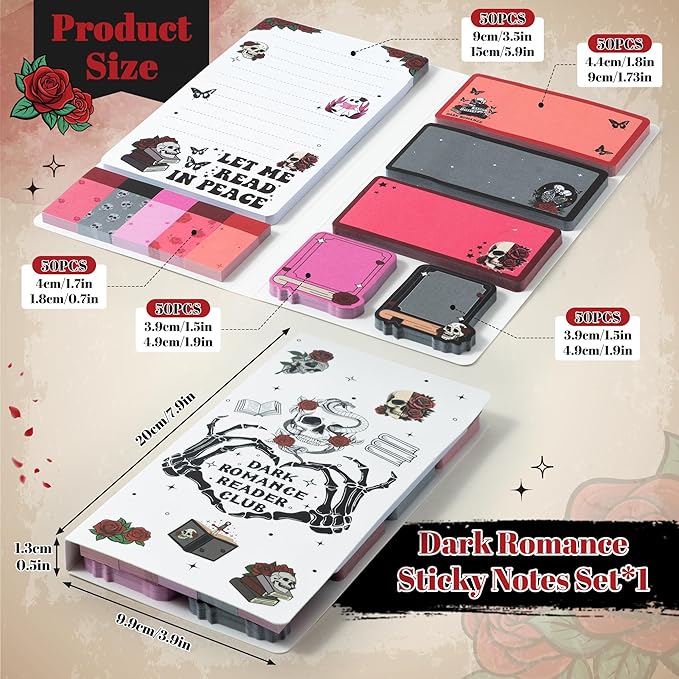 Xqumoi Let Me Read in Peace Dark Romance Sticky Notes Set - 550 Sheets Rose Skull Self-Stick Note Pads Dark Romance Book Lovers Gift Divider Tabs Bundle Writing Memo Pad for Teens Adults