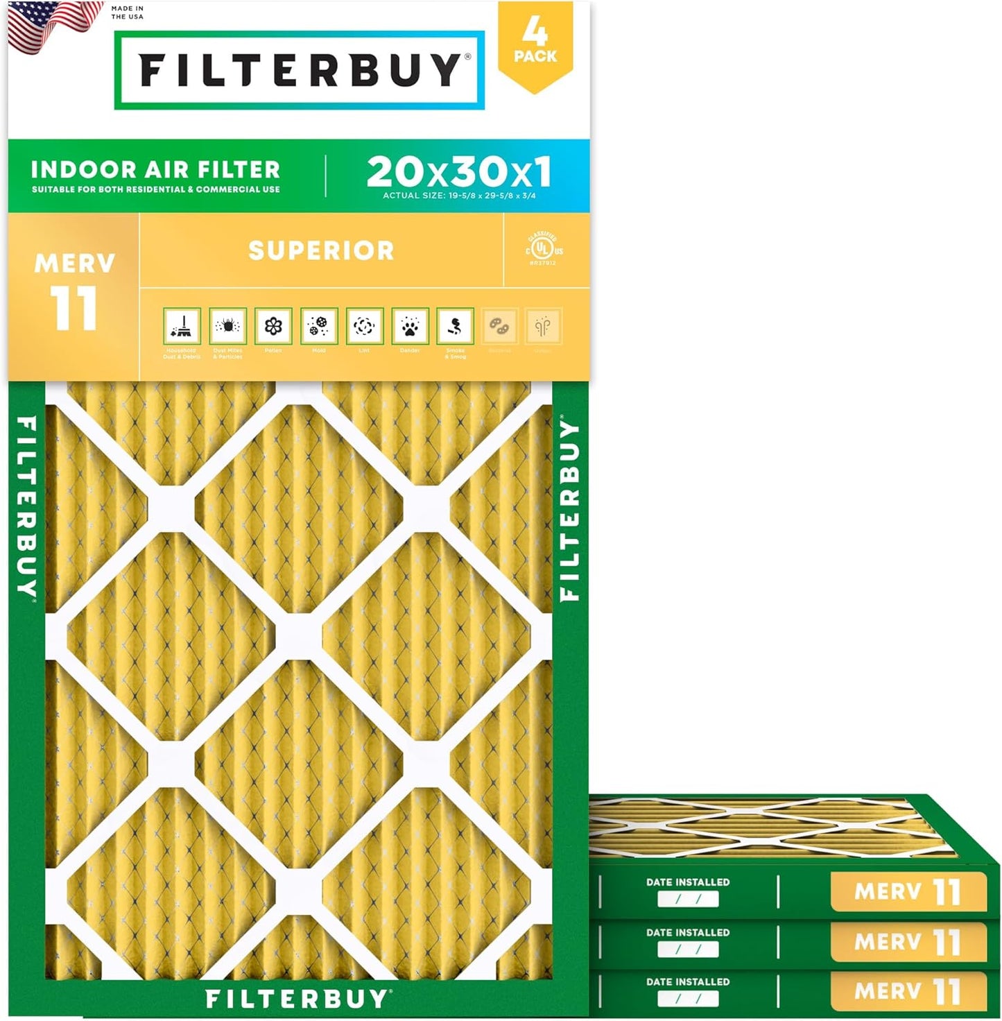Filterbuy 20x30x1 Air Filter MERV 11 (MPR 1200) Allergen Defense Replacement (4-Pack), Electrostatic Pleated HVAC AC Furnace Filters, Made in USA (Actual Size: 19.63 x 29.63 x 0.75)