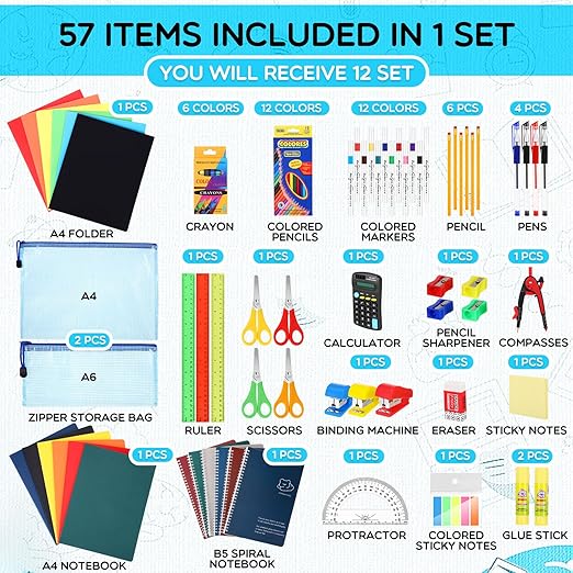 SATINIOR 12 Set Bulk Supplies Essentials Bundle Kit Folders Notebooks Pencil Pen Calculator Stapler Scissors Sharpeners