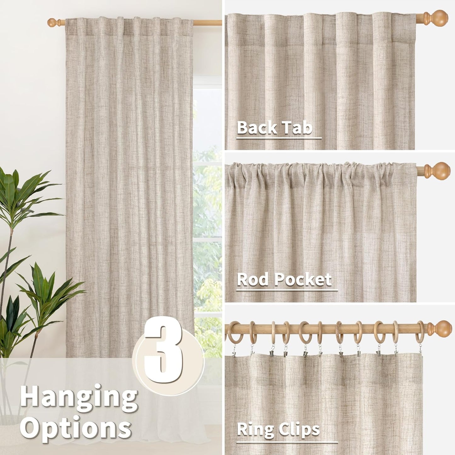 YoungsTex Linen Semi Sheer Curtains 72 Inch Length 2 Panels for Living Room - Light Filtering Drapes with Rod Pocket Back Tab Rustic Beige Window Treatments for Dining Bedroom, 52 X 72 Inch