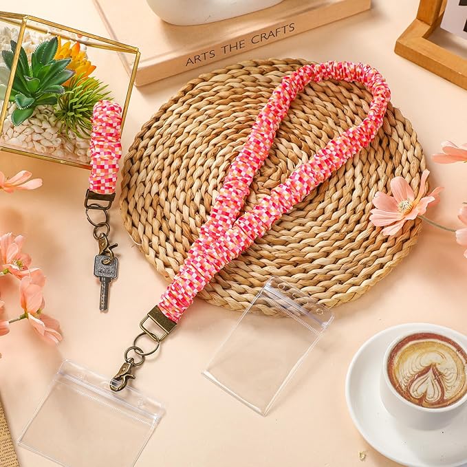 Marspark 2 Set Scrunchie Lanyards with 4 Card Holders for ID Badges and Keys Cute Stretchy Scrunchie Neck and Wrist Lanyards for Teacher Women Nurses School Office Supplies(Bright, Checked)