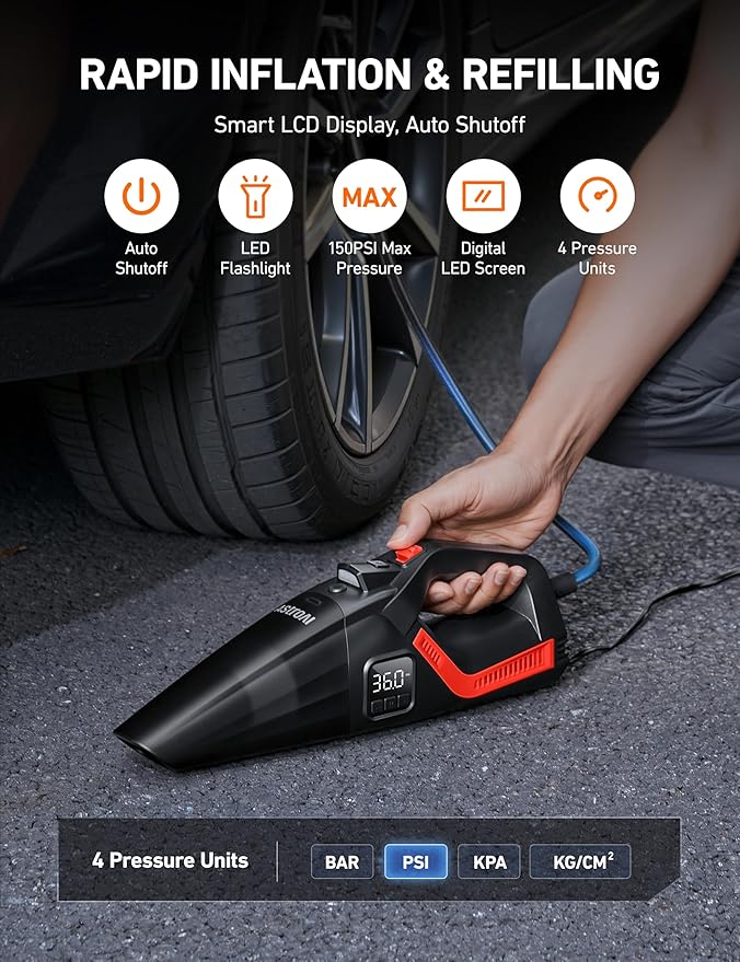 AstroAI 4-in-1 Car Vacuum Cleaner and Tire Inflator Portable with Accessories Air Compressor Digital Dual Values Display, 150 PSI Car Tires Air Pump with LED Light, 12V DC, 16.4FT Cord for Auto