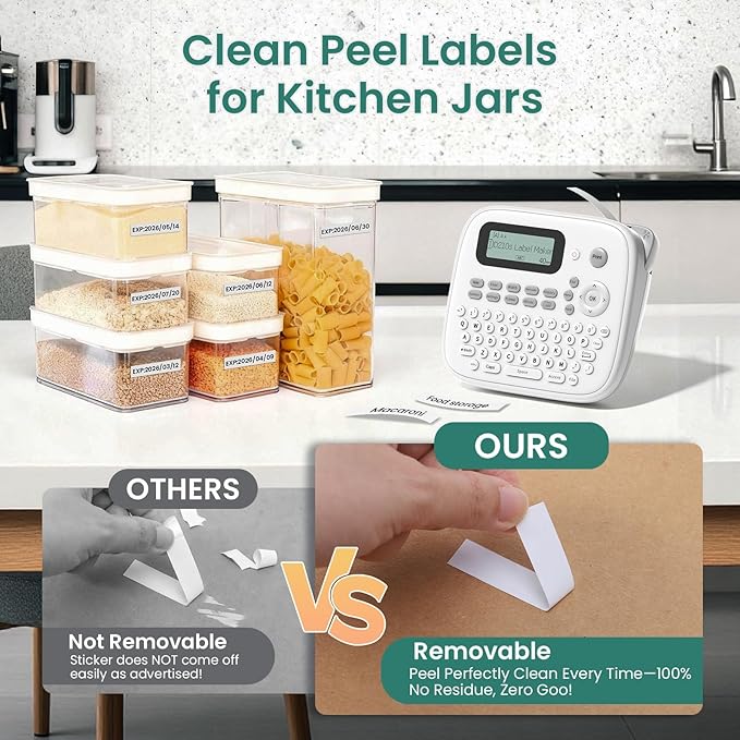 Label Maker Waterproof Labels, Labeler Machine with Tape, D210s Labeling Maker, 16+ Bolder/Handwritten Fonts & Intuitive Shortcut Keys, 12mm Removable Freezer Food Labels for Jars/Containers/Bottle