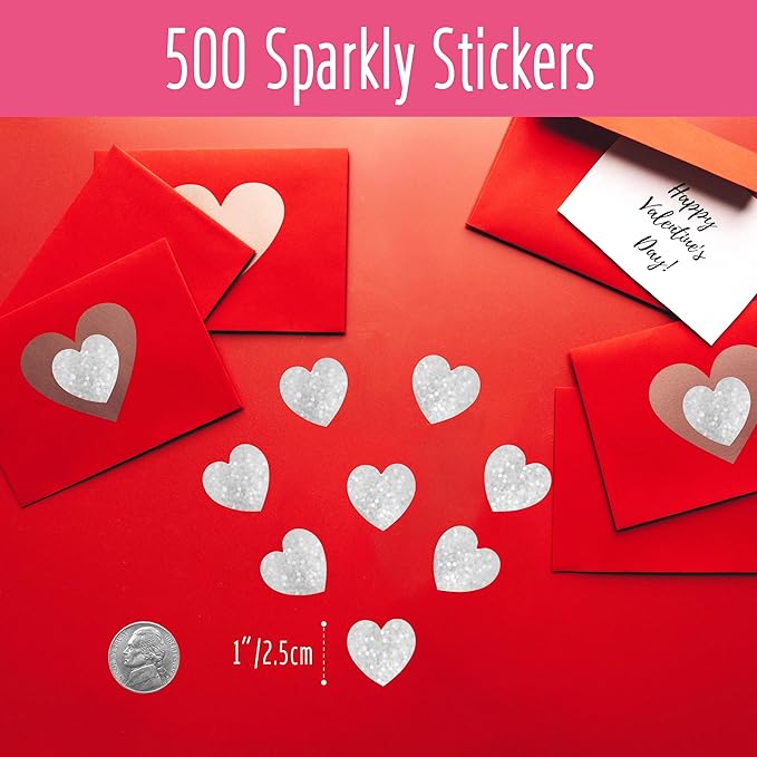 500 PCS Silver Glitter Heart Stickers - Silvery Metallic Sparkling Self Adhesive Waterproof Reflective Heart Stickers for Wedding, Valentine's Day Supplies (1' Each)