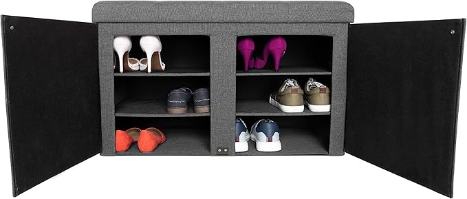 Seville Classics Cushioned Fabric Ottoman Hidden Storage Chest Footrest Chair, Padded Seat for Bedroom, Dorm, Loft, Living Room, Entryway, Hallway, Modern Gray, 33" Shoe Bench w/ Door