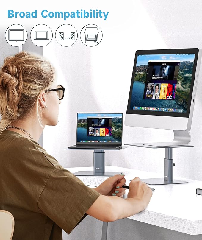 BoYata Monitor Stand, Adjustable Monitor Riser Metal Computer Stand Compatible with TV, PC, Laptop, Computer, iMac, and All Screen Display-Space Grey