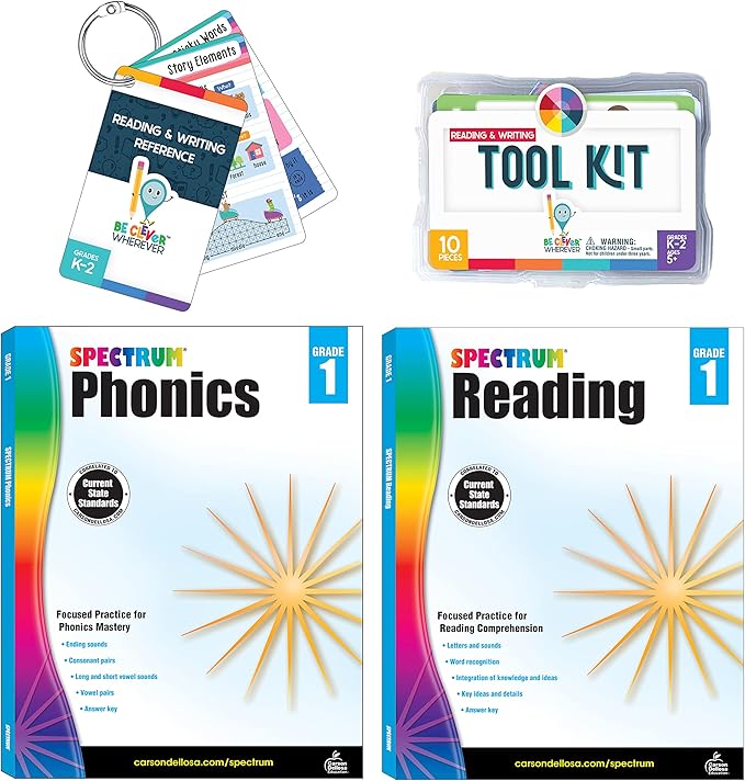 Carson Dellosa 29-Piece Reading Comprehension 1st Grade Teaching Supplies, Spectrum Reading and Phonics 1st Grade Workbooks, Writing Tool Kit, and Reference Flash Cards