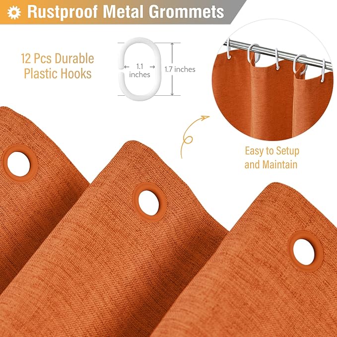 BTTN Orange Shower Curtain - Linen Textured Heavy Duty Waterproof Cloth Shower Curtain Set with 12 Plastic Hooks, Hotel Spa Luxury Simple Decorative Thick Fabric Shower Curtains for Bathroom - 72x72