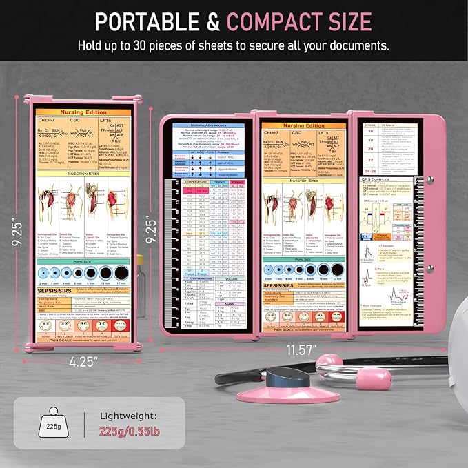 Nursing Clipboard Foldable, Foldable Clip Board w/Nursing Edition Cheat Charts, 3 Layers Aluminum, Nurse Plank w/Low Profile Clip&Pen Clip Pocket for Students, Nurses and Doctors, Pink