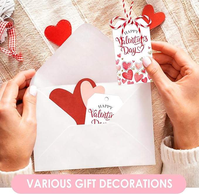 50Pcs Happy Valentines Tags for Bags - Valentine Gift Tags with String, Hanging Paper Gift Label for Wrapping Treat Bag, Idea Valentines Activity Party Favors