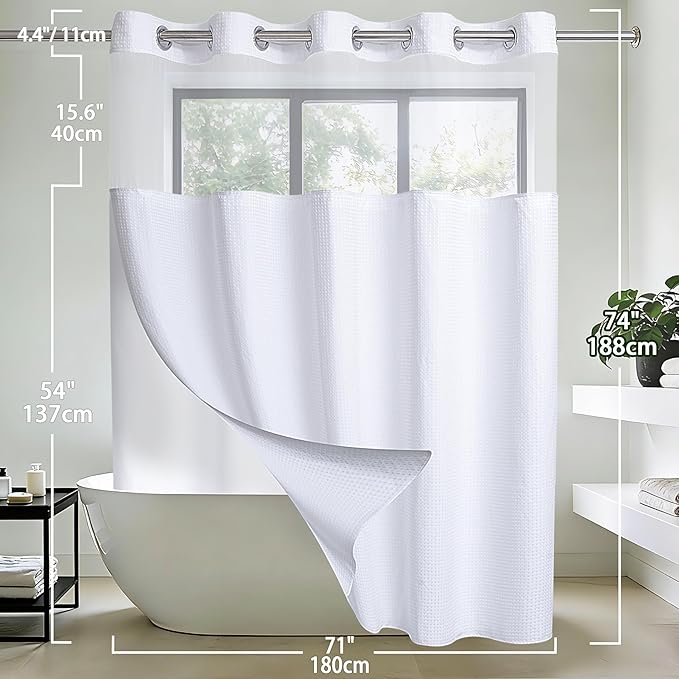 Conbo Mio No Hook Waffle Weave Shower Curtain with Snap in Liner Set, Hotel Luxury White Shower Curtains for Bathroom with See Through Top Window, Waterproof, Washable 71W x 74H