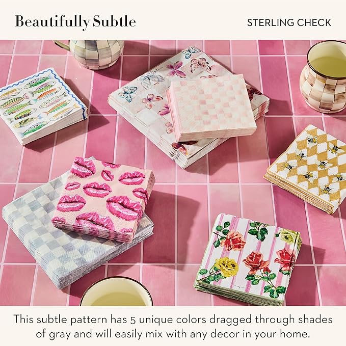 MACKENZIE-CHILDS Dinner Paper Napkins, Stylish Paper Dinner Napkins, Gray-and-White Sterling Check