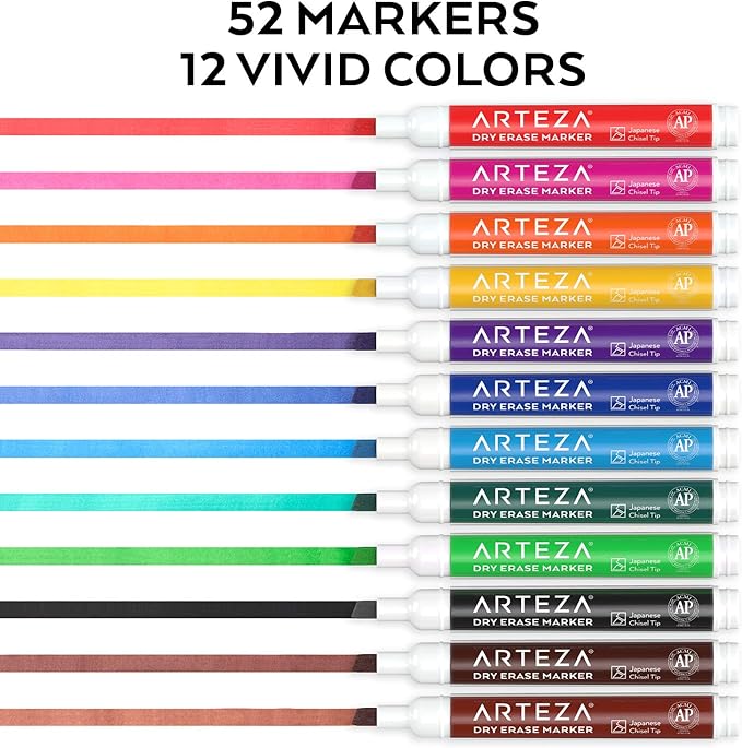 ARTEZA Dry Erase Markers Bulk Pack of 52, 12 Assorted Colors, Low-Odor Ink Whiteboard Pens with Chisel Tip, Office Supplies for Classroom, Home & Teachers
