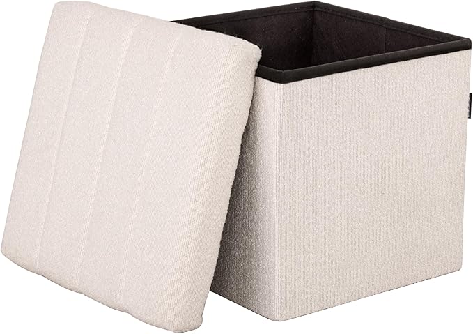 Seville Classics Cushioned Fabric Ottoman Hidden Storage Chest Footrest Chair, Padded Seat for Bedroom, Dorm, Loft, Living Room, Entryway, Hallway, White Boucle, 15.7" Cube