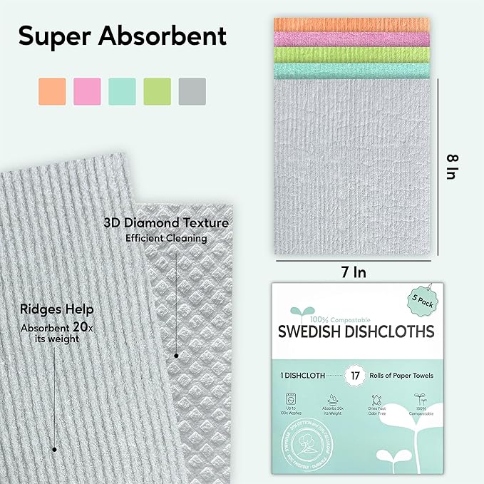 Swedish Dishcloths for Kitchen, 5 Pack Swedish Dish Cloths, Ultra Absorbent Reusable Paper Towels, Cellulose Sponge Cloths, Quick Drying, No Odor, Dishwasher Safe