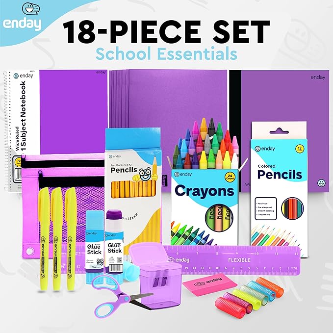 Back to School Supplies for Kids, Purple School Supply Box Grades K-5, Premium Quality Kids School Supplies Kit, Kindergarten School Supplies for Girls and Boys, 71 Piece Set - by Enday