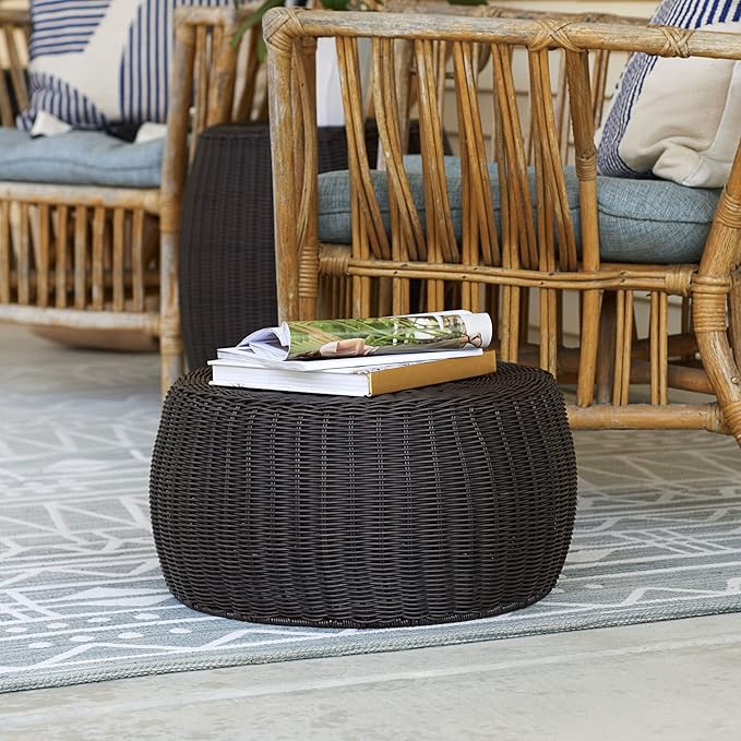 Household Essentials Handwoven Resin Storage Stool Ottoman, 16" Dia. x 9" H, Brown