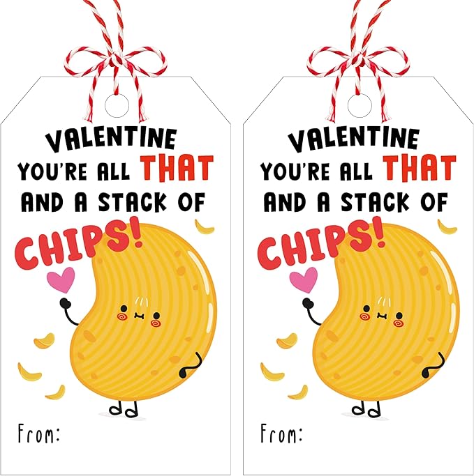 Friend-chip Valentines Tags, 50Pcs Valentines Gift Label with String, Hanging Paper Gift Label for Wrapping Treat Bag, Idea Valentine's Activity School Classroom Party Favors