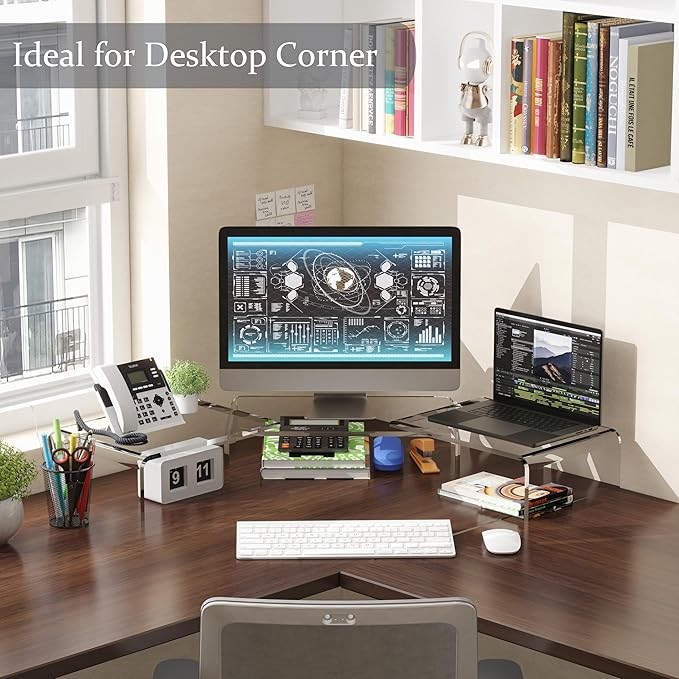 X-cosrack Clear Acrylic Monitor Stand Riser, 3 Shelves Adjustable Dual Monitor Stand with Anti-Slip Mat, Premium Desk Organizer for Home Office, Laptops, PCs, Printers, TVs